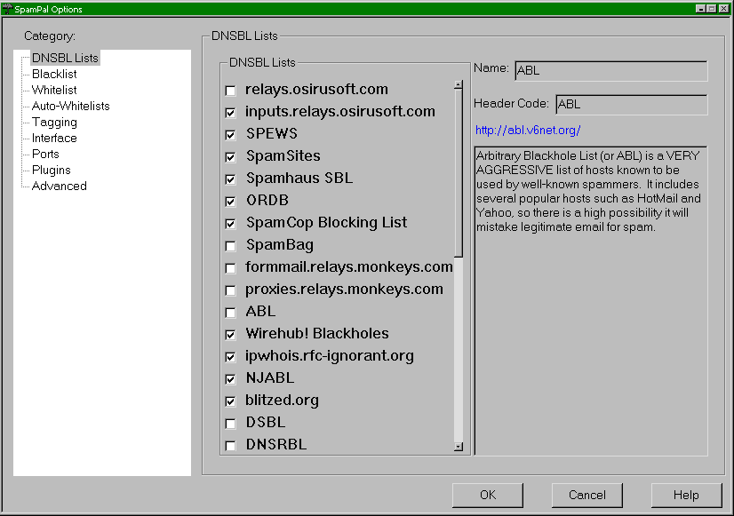 SpamPal DNSBL settings panel