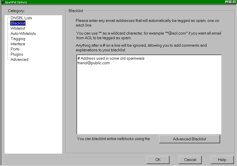 SpamPal blacklist settings panel