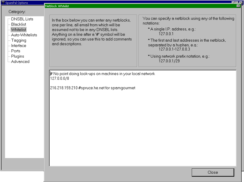 SpamPal advanced whitelist (ignore list) settings panel
