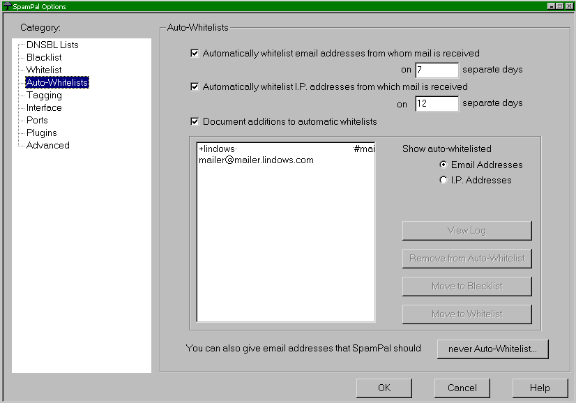 SpamPal automatic whitelist settings panel