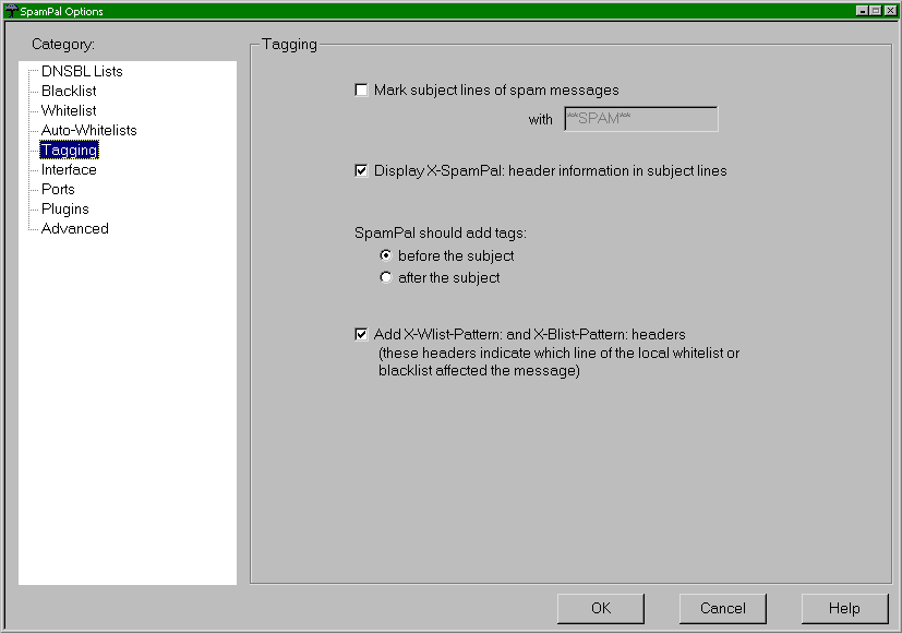 SpamPal tagging settings panel