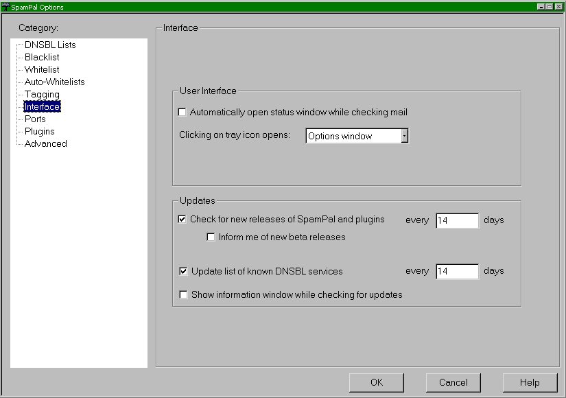 SpamPal automatic update settings panel