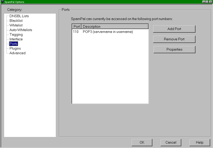 SpamPal port settings panel