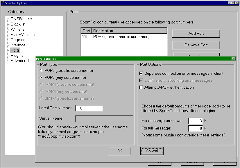 SpamPal POP3 port settings panel