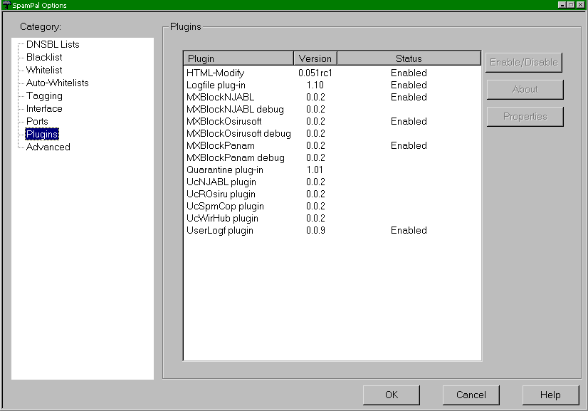 SpamPal plugin settings panel