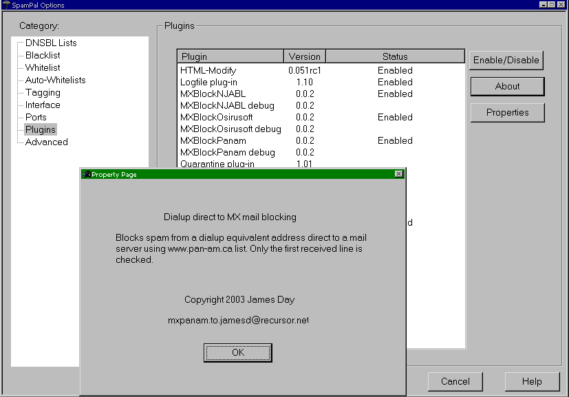 SpamPal PanAm direct to MX spam blocking plugin about panel