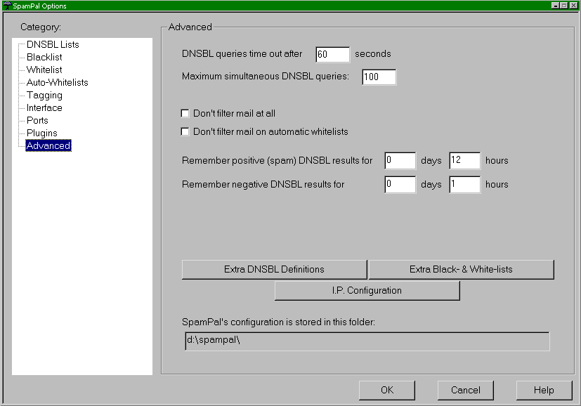 SpamPal advanced settings panel