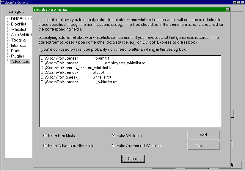 SpamPal extra whitelist settings panel