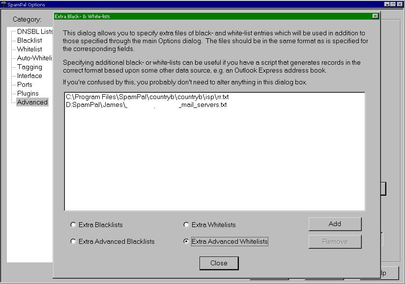 SpamPal extra advanced whitelist settings panel