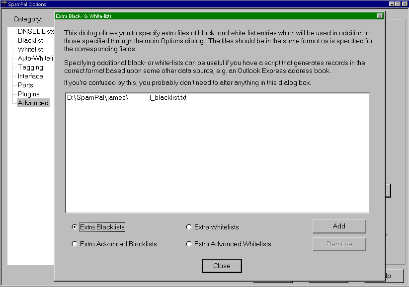 SpamPal extra blacklist settings panel
