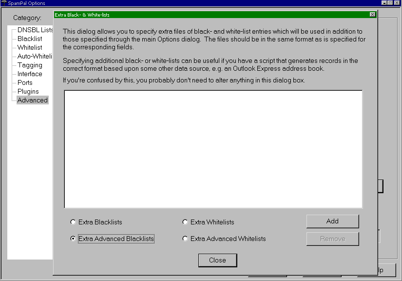SpamPal extra advanced blacklist settings panel
