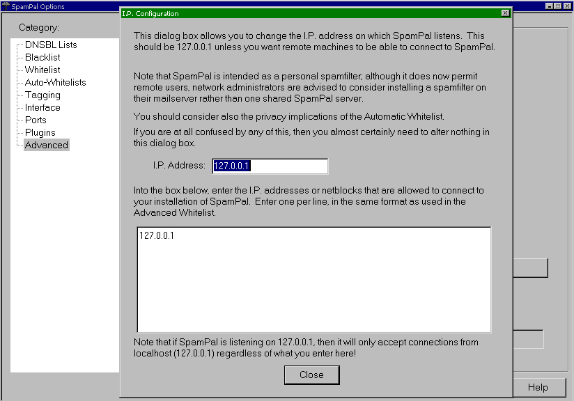 SpamPal IP settings panel